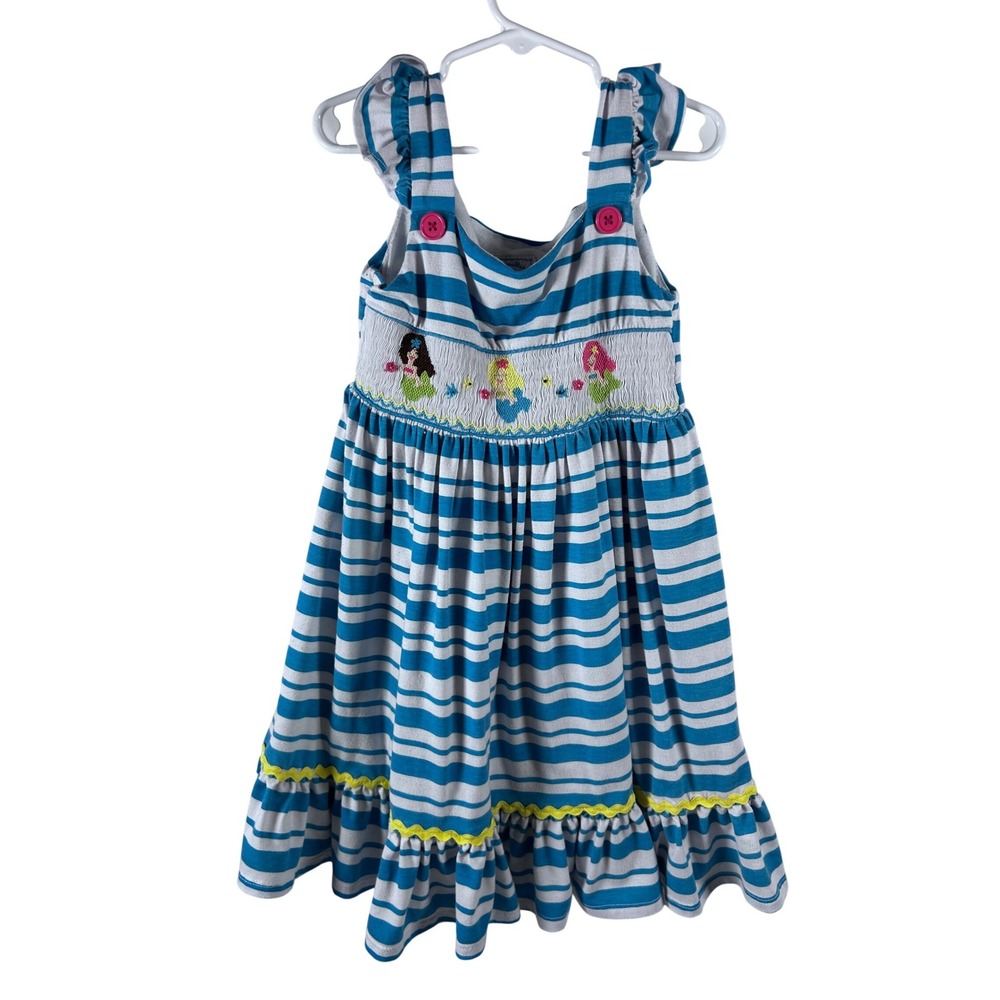 Marmellata Smocked Mermaid Dress 6 Blue Striped Ruffle Ric Rac Girls